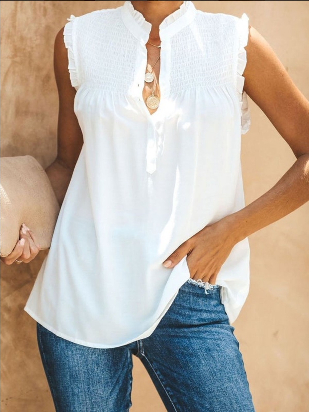 Women's White Sleeveless Ruffle Yoke Top